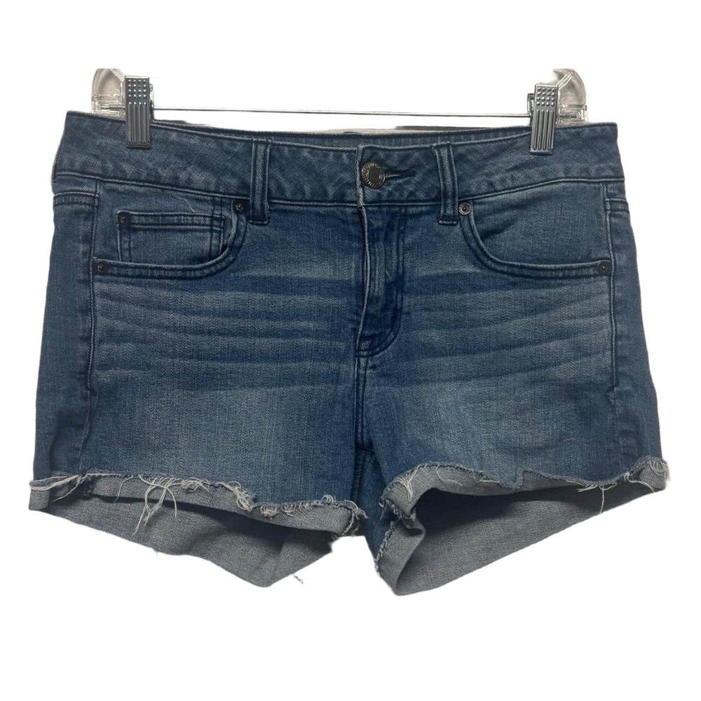 American Eagle Outfitters Shortie Shorts Size 10 Stretch Blue Denim Raw Hem